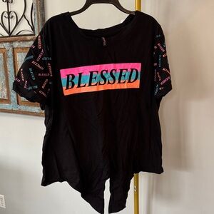 Electric Pink Blessed Graphic Short Sleeve Tee — Black with neon Accents EUC 3X